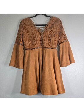 Beyond The Radar Women Small Babydoll Dress Camel Eyelet Bell Sleeves Bohemian